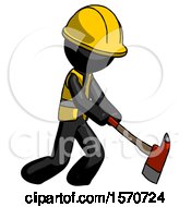 Poster, Art Print Of Black Construction Worker Contractor Man Striking With A Red Firefighters Ax