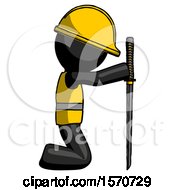 Poster, Art Print Of Black Construction Worker Contractor Man Kneeling With Ninja Sword Katana Showing Respect