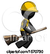 Poster, Art Print Of Black Construction Worker Contractor Man Flying On Broom