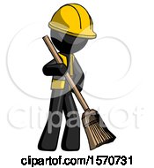 Poster, Art Print Of Black Construction Worker Contractor Man Sweeping Area With Broom