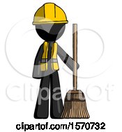 Poster, Art Print Of Black Construction Worker Contractor Man Standing With Broom Cleaning Services