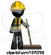 Black Construction Worker Contractor Man Standing With Industrial Broom