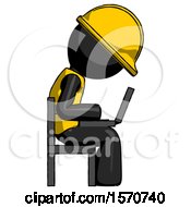 Black Construction Worker Contractor Man Using Laptop Computer While Sitting In Chair View From Side