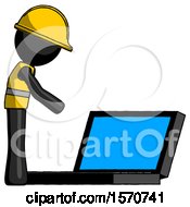 Poster, Art Print Of Black Construction Worker Contractor Man Using Large Laptop Computer Side Orthographic View