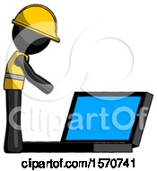 Black Construction Worker Contractor Man Using Large Laptop Computer Side Orthographic View
