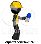 Black Construction Worker Contractor Man Holding Blue Pill Walking To Right