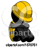 Black Construction Worker Contractor Man Sitting With Head Down Facing Angle Right