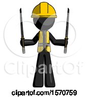 Black Construction Worker Contractor Man Posing With Two Ninja Sword Katanas Up