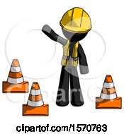 Poster, Art Print Of Black Construction Worker Contractor Man Standing By Traffic Cones Waving