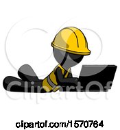 Poster, Art Print Of Black Construction Worker Contractor Man Using Laptop Computer While Lying On Floor Side Angled View