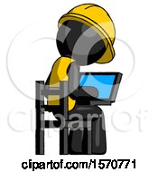 Poster, Art Print Of Black Construction Worker Contractor Man Using Laptop Computer While Sitting In Chair View From Back