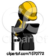 Poster, Art Print Of Black Construction Worker Contractor Man Using Laptop Computer While Sitting In Chair Angled Right