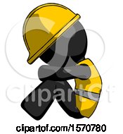 Black Construction Worker Contractor Man Sitting With Head Down Facing Sideways Left