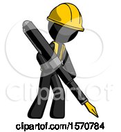 Poster, Art Print Of Black Construction Worker Contractor Man Drawing Or Writing With Large Calligraphy Pen