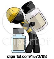 Black Construction Worker Contractor Man Holding Large White Medicine Bottle With Bottle In Background