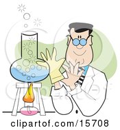 Happy Male Caucasian Scientist Mixing Ingredients In A Laboratory Flask Over Flames Clipart Illustration