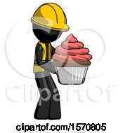 Poster, Art Print Of Black Construction Worker Contractor Man Holding Large Cupcake Ready To Eat Or Serve