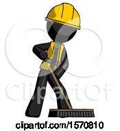 Black Construction Worker Contractor Man Cleaning Services Janitor Sweeping Floor With Push Broom