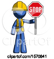 Poster, Art Print Of Blue Construction Worker Contractor Man Holding Stop Sign
