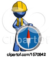 Poster, Art Print Of Blue Construction Worker Contractor Man Standing Beside Large Compass