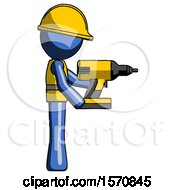 Poster, Art Print Of Blue Construction Worker Contractor Man Using Drill Drilling Something On Right Side
