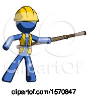 Poster, Art Print Of Blue Construction Worker Contractor Man Bo Staff Pointing Right Kung Fu Pose