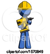 Poster, Art Print Of Blue Construction Worker Contractor Man Holding Large Drill
