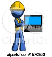 Blue Construction Worker Contractor Man Holding Laptop Computer Presenting Something On Screen