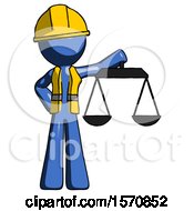 Poster, Art Print Of Blue Construction Worker Contractor Man Holding Scales Of Justice