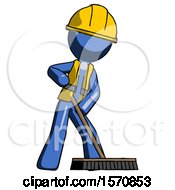 Blue Construction Worker Contractor Man Cleaning Services Janitor Sweeping Floor With Push Broom