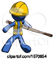 Poster, Art Print Of Blue Construction Worker Contractor Man Bo Staff Action Hero Kung Fu Pose