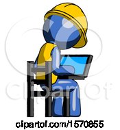 Blue Construction Worker Contractor Man Using Laptop Computer While Sitting In Chair View From Back