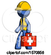Poster, Art Print Of Blue Construction Worker Contractor Man Walking With Medical Aid Briefcase To Left