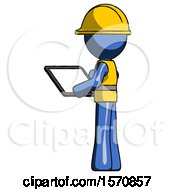 Poster, Art Print Of Blue Construction Worker Contractor Man Looking At Tablet Device Computer With Back To Viewer