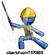 Poster, Art Print Of Blue Construction Worker Contractor Man With Ninja Sword Katana In Defense Pose