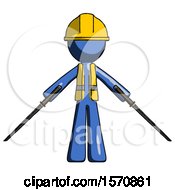 Blue Construction Worker Contractor Man Posing With Two Ninja Sword Katanas