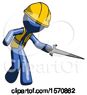 Poster, Art Print Of Blue Construction Worker Contractor Man Sword Pose Stabbing Or Jabbing