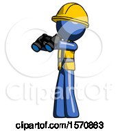 Blue Construction Worker Contractor Man Holding Binoculars Ready To Look Left