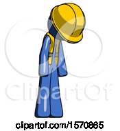 Poster, Art Print Of Blue Construction Worker Contractor Man Depressed With Head Down Turned Right