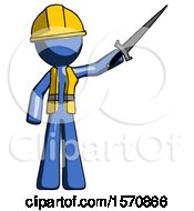 Poster, Art Print Of Blue Construction Worker Contractor Man Holding Sword In The Air Victoriously