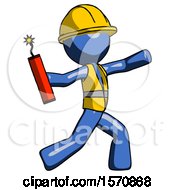 Poster, Art Print Of Blue Construction Worker Contractor Man Throwing Dynamite