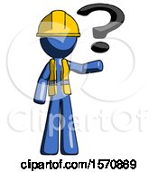Poster, Art Print Of Blue Construction Worker Contractor Man Holding Question Mark To Right