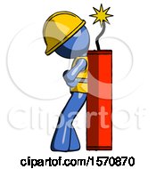 Poster, Art Print Of Blue Construction Worker Contractor Man Leaning Against Dynimate Large Stick Ready To Blow