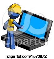 Blue Construction Worker Contractor Man Using Large Laptop Computer
