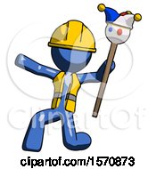 Poster, Art Print Of Blue Construction Worker Contractor Man Holding Jester Staff Posing Charismatically