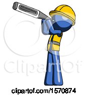 Poster, Art Print Of Blue Construction Worker Contractor Man Thermometer In Mouth
