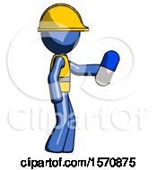 Blue Construction Worker Contractor Man Holding Blue Pill Walking To Right