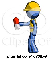 Blue Construction Worker Contractor Man Holding Red Pill Walking To Left
