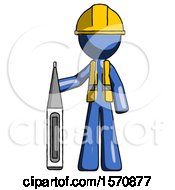 Poster, Art Print Of Blue Construction Worker Contractor Man Standing With Large Thermometer