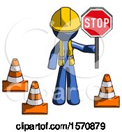 Poster, Art Print Of Blue Construction Worker Contractor Man Holding Stop Sign By Traffic Cones Under Construction Concept